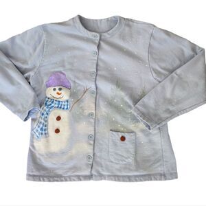 Artisans blue knit‎ winter snowman cardigan sweater size large